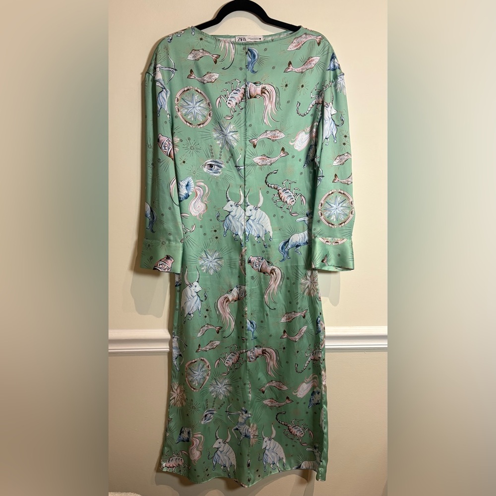Zara Limited Edition Satin Mint Green Zodiac Print Midi Dress Size XS - Picture 7 of 9